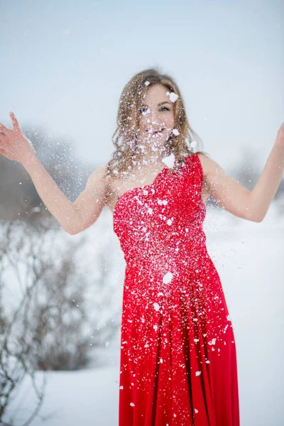 Menina Bonita Vestindo Vestido Vermelho Posando Livre Inverno — Fotografia de Stock