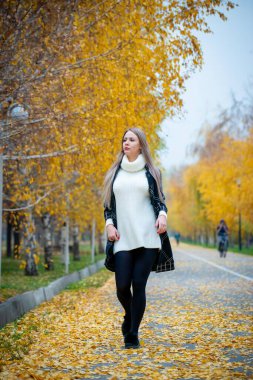 Güz parkında poz veren güzel bir kadın. 