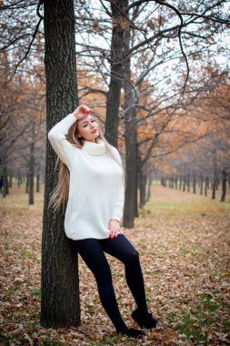Güz parkında poz veren güzel bir kadın. 