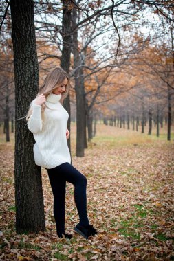 Güz parkında poz veren güzel bir kadın. 