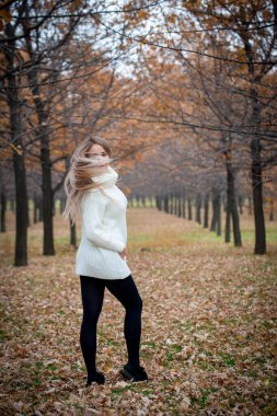 Güz parkında poz veren güzel bir kadın. 