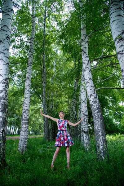 Ung Smuk Kvinde Poserende Nær Birketræer Iført Blomsterkjole - Stock-foto