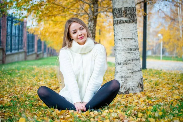 Porträt Einer Jungen Schönen Blonden Frau Die Herbstpark Posiert — Stockfoto