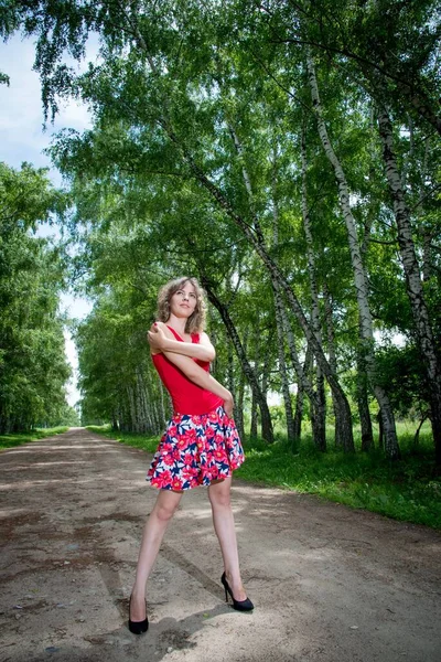 Jovem Bela Mulher Posando Beco Com Bétulas — Fotografia de Stock