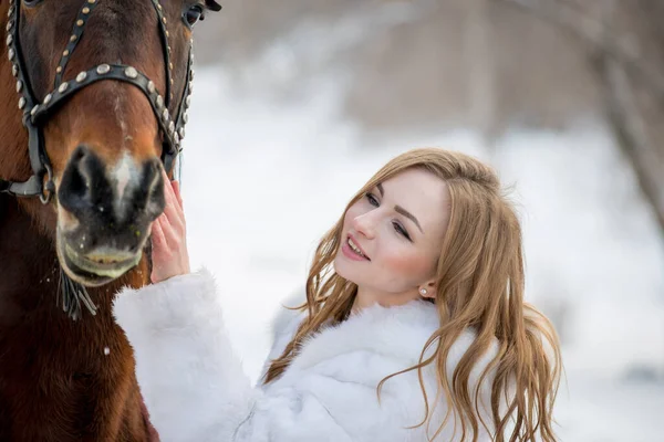 Schönes Mädchen Posiert Winter Mit Pferd Freien — Stockfoto