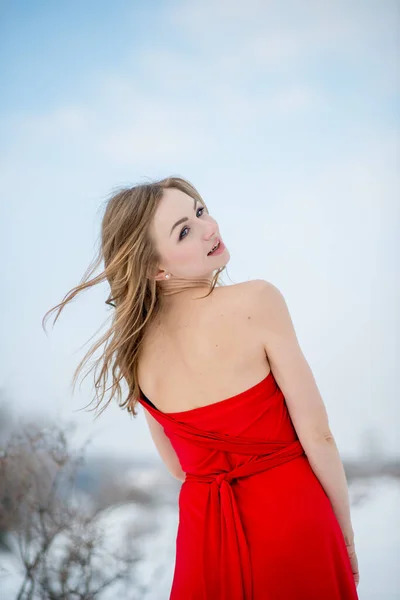 Menina Bonita Vestindo Vestido Vermelho Posando Livre Inverno — Fotografia de Stock