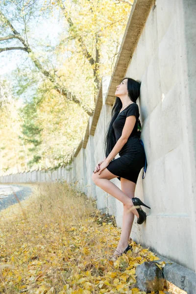 Hermosa Mujer Morena Posando Aire Libre Usando Vestido Negro — Foto de Stock