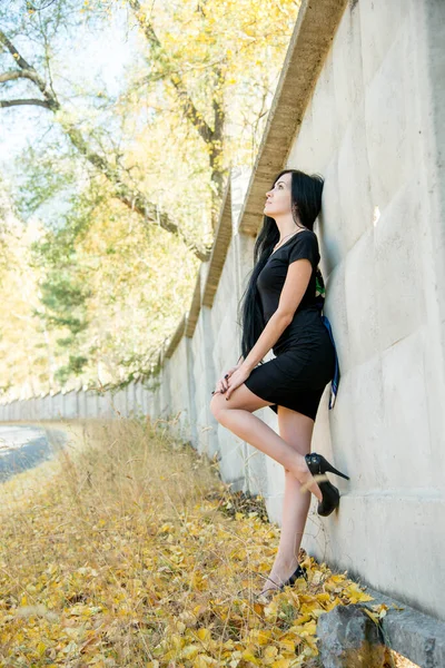 Hermosa Mujer Morena Posando Aire Libre Usando Vestido Negro — Foto de Stock