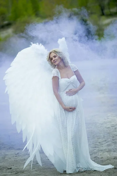 Pregnant Girl Angel Colorful Smoke — Stock Photo, Image