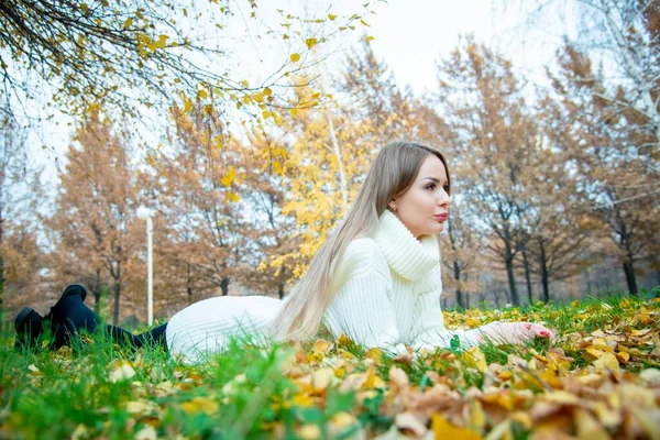 Mladá Krásná Žena Pózující Podzimním Parku — Stock fotografie