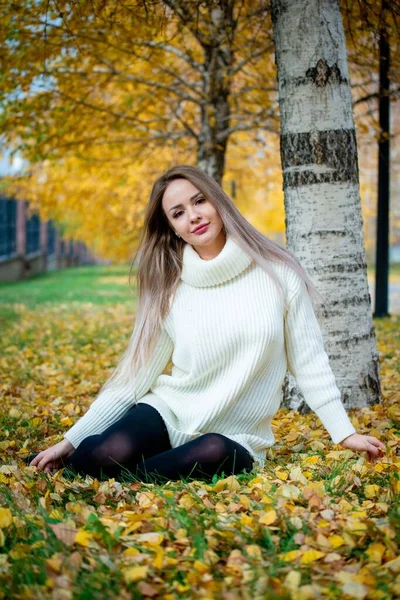Молодая Красивая Женщина Позирует Осеннем Парке — стоковое фото