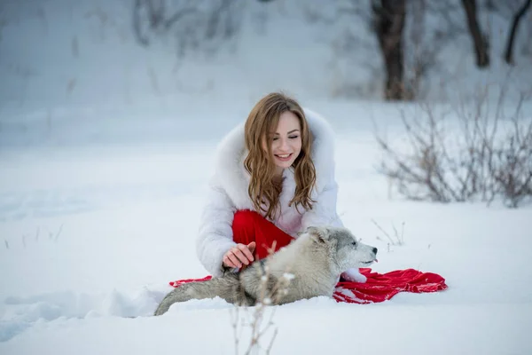 Bela Jovem Mulher Posando Com Huskie Cão Livre — Fotografia de Stock