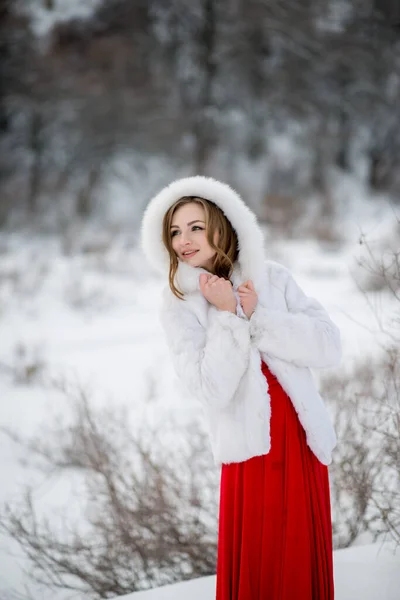 Jovem Bela Mulher Posando Livre Inverno Vestindo Casaco Pele Branca — Fotografia de Stock