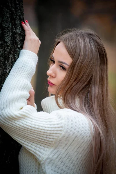 Bella Donna Posa All Aperto Nel Parco Autunnale — Foto Stock