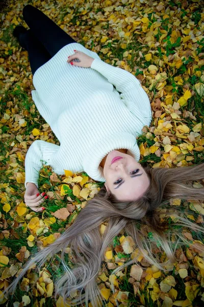 年轻美丽的女子在秋天的公园里摆姿势 — 图库照片