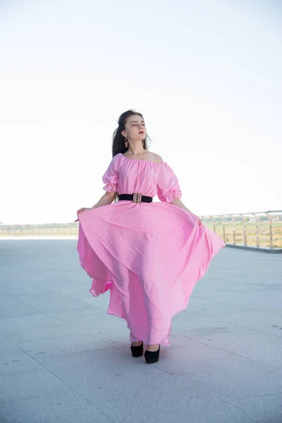 Beautiful Young Woman Pink Dress Posing Terrace — Stock Photo, Image