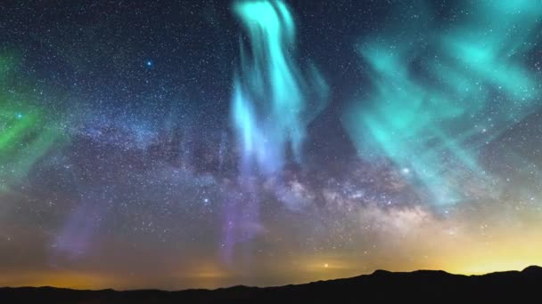 Aurora Samanyolu Zaman Süreleri Hızlandı Güneydoğu Gökyüzü Dağı Tepeleri Geniş — Stok video