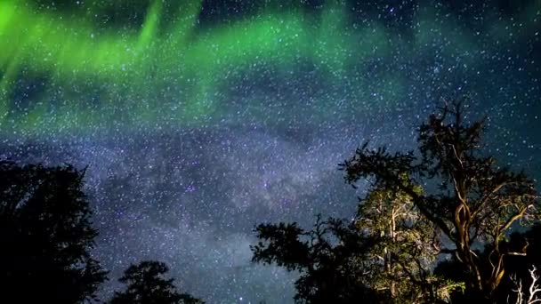 ブリストルパイン天の川銀河のタイムラプス星とシミュレートされたオーロラ太陽フレア — ストック動画