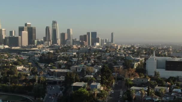 Hyperlapse Aerial Shot Los Angeles Downtown Sunset Skyline Desde Echo — Vídeo de stock