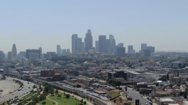 Los Angeles Skyline China Town Aerial Shot Left Descend — Stock Video