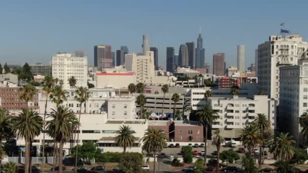 Los Angeles Skyline Palm Trees Lafayette Park Aerial Shot Tracking — стокове відео