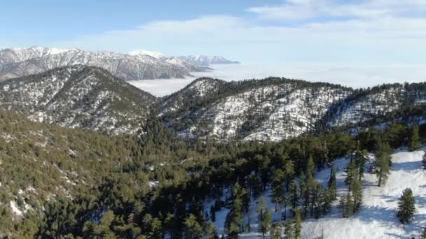 Colpo Aereo Neve Coperto Inverno Montagna Picchi Paesaggio Nuvoloso California — Video Stock