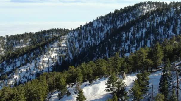 加利福尼亚左边雪盖冬山峰与云彩景观的空中射精 — 图库视频影像