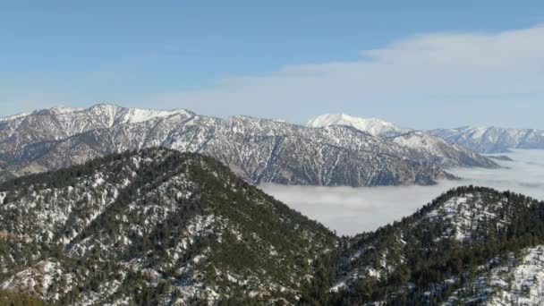 加利福尼亚左边雪盖冬山峰与云彩景观的空中射精 — 图库视频影像