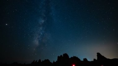 Perseid Meteor Sağanağı Samanyolu Trona Zirveleri üzerinde Kaya oluşumu Kaliforniya Günbatımından Geceye Eğil