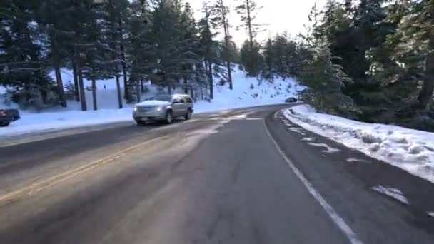 Winter Snow Mountain Highway Driving Plate Front View California Usa — Stock video