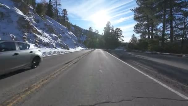 Winter Snow Mountain Highway Driving Plate Front View California Usa — Stock video