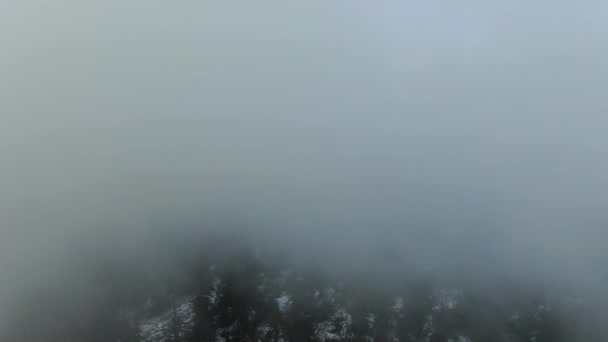 Foggy Forest Snow Covered Mountain Aerial Shot Descent Thick Clouds — Stockvideo