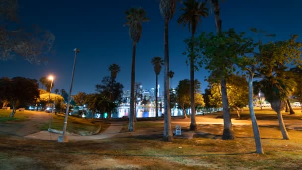 Los Angeles Skyline Palm Trees Reflected Macarthur Park Lake California — Stockvideo