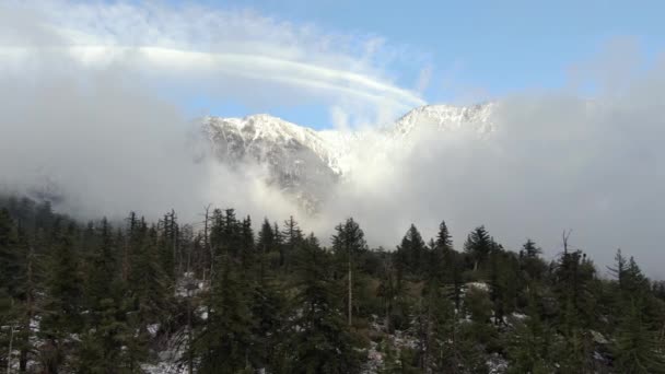 美国加利福尼亚州白雪覆盖的山脊和云层的空中射击 — 图库视频影像