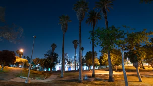 Horizonte Los Ángeles Las Palmeras Reflexionaron Sobre Lago Macarthur Park — Vídeo de stock