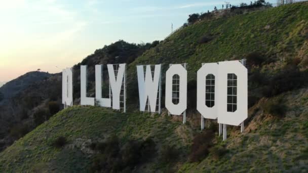 Hollywood Sign Sunset Aerial View Closeup — стокове відео