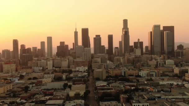 Aerial Shot Los Angeles Downtown Sunset Skyline 6Th Street Medium — стокове відео