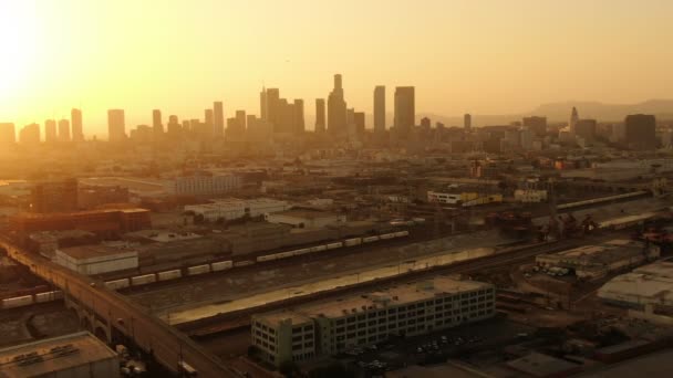 Aerial Shot Los Angeles Downtown Sunset Skyline 7Th Bridge Forward — Stock Video