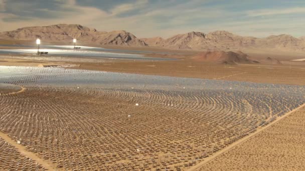 World Largest Solar Thermal Power Plant Sunset Aerial Telephoto Shot — Stock Video