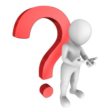 Kırmızı soru işareti ile 3D adam parmaklar hesaplar. 3D çizim