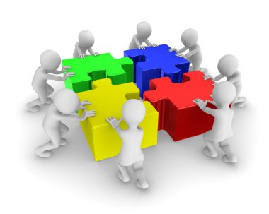 Renkli parçalı bulmaca ile bir ekip olarak çalışan insanlar. 3D çizim.