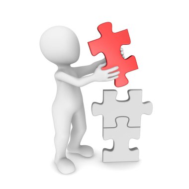 Bulmaca ile çalışan adam. 3D render illüstrasyon.