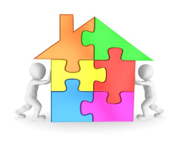 İnsanlar ev Bulmaca terbiye. 3D render illüstrasyon.