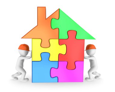 Renkli ev Bulmaca terbiye işçiler. 3D render illüstrasyon.