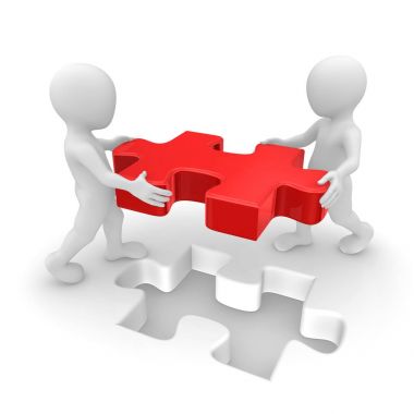 Kırmızı bulmaca ile çalışan insanlar. 3D render illüstrasyon.