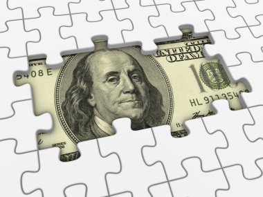 Doları banknot bulmaca altında. 3D render illüstrasyon.