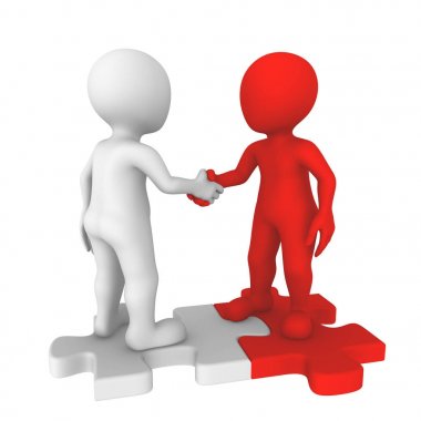 Bulmacalar üzerinde duran erkek el sıkışma. 3D render illüstrasyon.