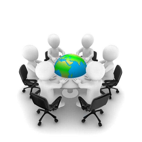 Деловые люди сидят за столом с Землей. Трехмерная иллюстрация
.