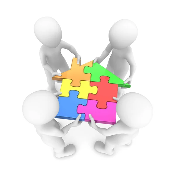 Ev Bulmaca elinde tutan kişi. 3D render illüstrasyon.