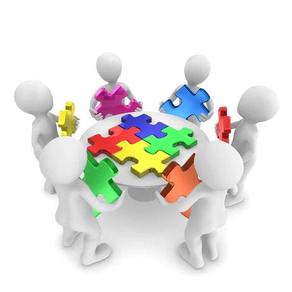 Parçalı bulmaca, ekip çalışması kavramı insanlarla. 3D render illüstrasyon.